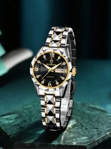 BINBOND奢华金色石英表女士时尚女表防水夜光不锈钢商务休闲双日历女表 - 黑色 - 查看 3