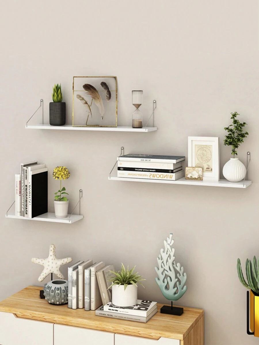 1pc Wall Mounted Storage Rack With Hook (No-Drill) For Books And Reading Materials, Living Room And Study Room Storage Shelf In Small, Medium And Large Sizes - White - View 1