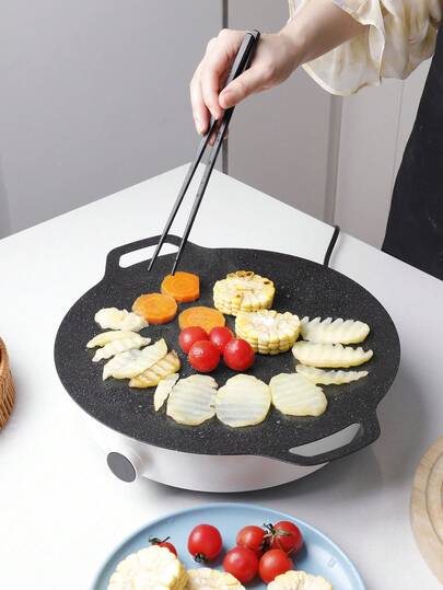 1pc Round Non-Stick Grill Pan, Multi-Functional Large & Small Size Barbecue Frying Pan, Outdoor Camping Portable Iron Griddle Cookware Accessory