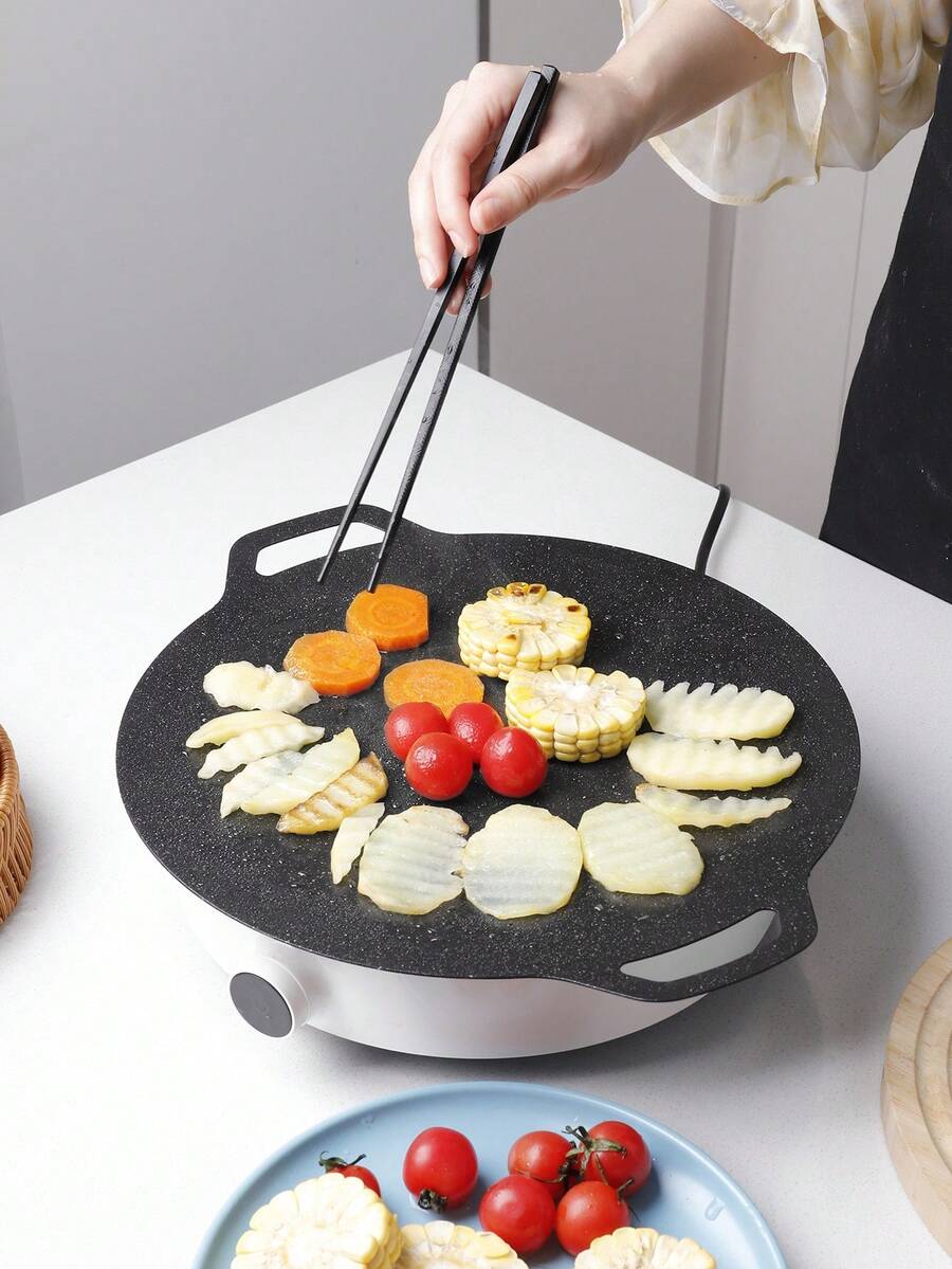 1pc Round Non-Stick Grill Pan, Multi-Functional Large & Small Size Barbecue Frying Pan, Outdoor Camping Portable Iron Griddle Cookware Accessory - Multicolor - View 1