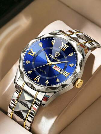  BINBOND奢侈品牌时尚男士金表不锈钢石英表男士商务日期星期显示水钻手表男士夜灯时钟