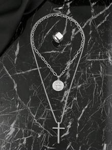 Ensemble de bijoux personnalisé à la mode composé de 3 pièces de décoration croix compas en acier inoxydable plaqué or 18k pour hommes, cadeaux de saison sportive et de rentrée scolaire