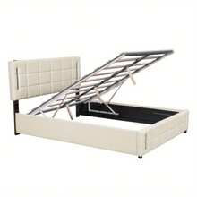 Queen Size Upholstered Bed With Hydraulic Storage System And LED Light, Beige - Màu be + vải lanh - Xem 7