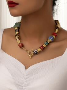 1 Zinc Alloy Gold-Plated Yellow Beaded Ceramic Natural Stone European And American Exaggerated Retro Necklace