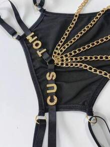 Customized Thong, Gold Pendant, Personalized Name, Sequin Bikini Couple Set, Fashionable Multicolor, Customized, Unique, Winter Fashion, Christmas Gift, Personalized Gift For Her, Lingerie, Underwear, Intimate Apparel, Thong, Ideal Gift For Girlfriend, Living Room, Bedroom, Anniversary, Birthday, Christmas, Winter, Autumn, Holiday, Club Party, Customized Sexy Lingerie And Apparel, Cozy Atmosphere, Bridal Lingerie, Quick-Drying - Black - View 2