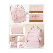 Vegan Leather Diaper Bag Backpack With Changing Pad And Pacifier Holder, Multi-Functional Baby Bag For Boy Girl, Waterproof For Travel, Perfect Baby Shower Gifts For Mom, Dad, Newborn - 粉色 - 查看 5