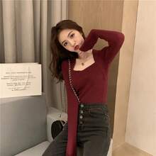 Jerseys para mujer elegante, blusas de mujer de moda manga larga, playera sexy cuello cuadrado ( Talla única para mujeres de 40 kg a 60 kg ), estilo casual, ajuste ajustado, básica, Primavera, Otoño, Invierno, Blanco, Negro, Red, Caqui - Burdeos - Ver 4