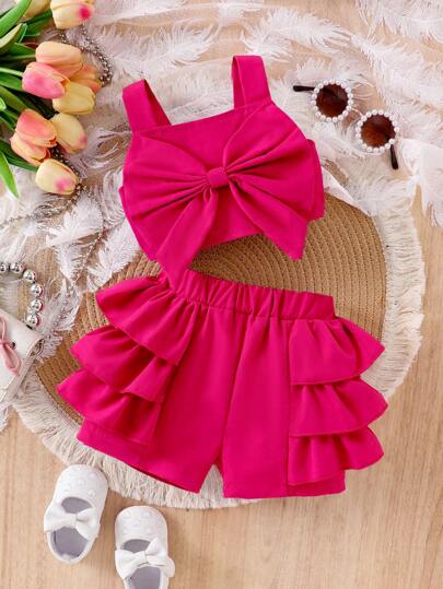 Baby Girl Bow Decorated Short Tank Top And Pink Shorts Set
