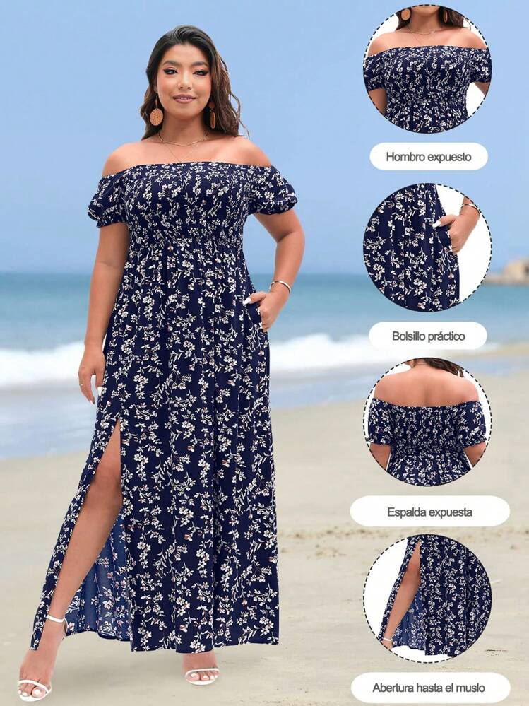 Vestido de Talla Grande para Mujer, Hombros Descubiertos Manga Farol, Bohemio Elegante de Fiesta, Cómodo y Mode - Rojo - Añade 8