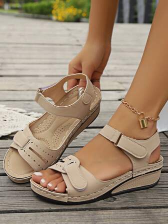 New Style Plus Size Peep-Toe Casual Sandals, Women's Rome Style Hook-And-Loop Shoes For Outdoor Activities