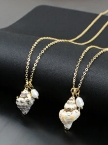 天然贝壳项链女款沙滩海螺珍珠金母贝吊坠金吊坠项链奖章回形针链颈链多层首饰适合女士女孩 - 海螺項鍊 - 查看 2