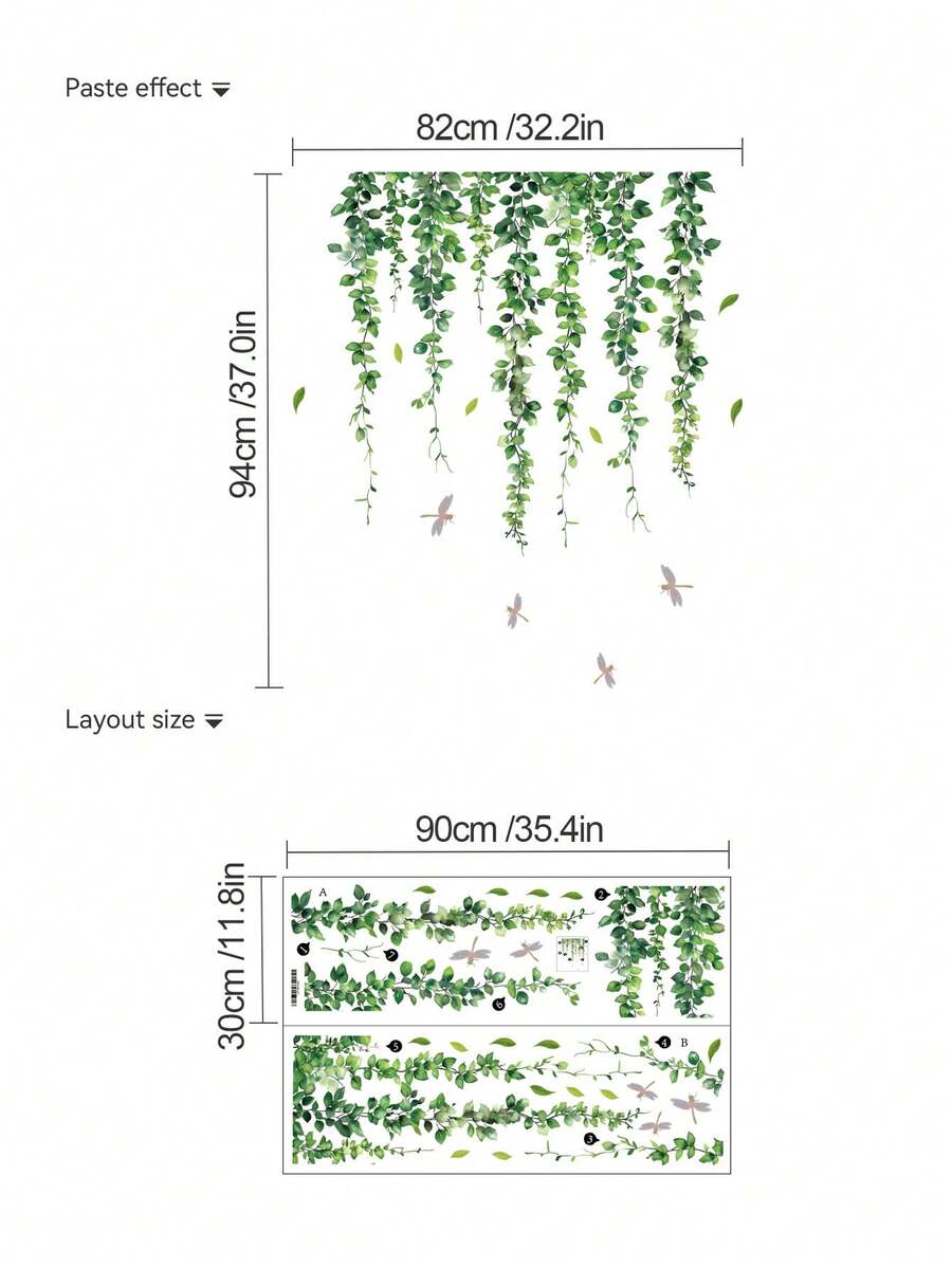 mama look 2pcs Green Plant Vine & Dragonfly Wall Decals, Decoration For