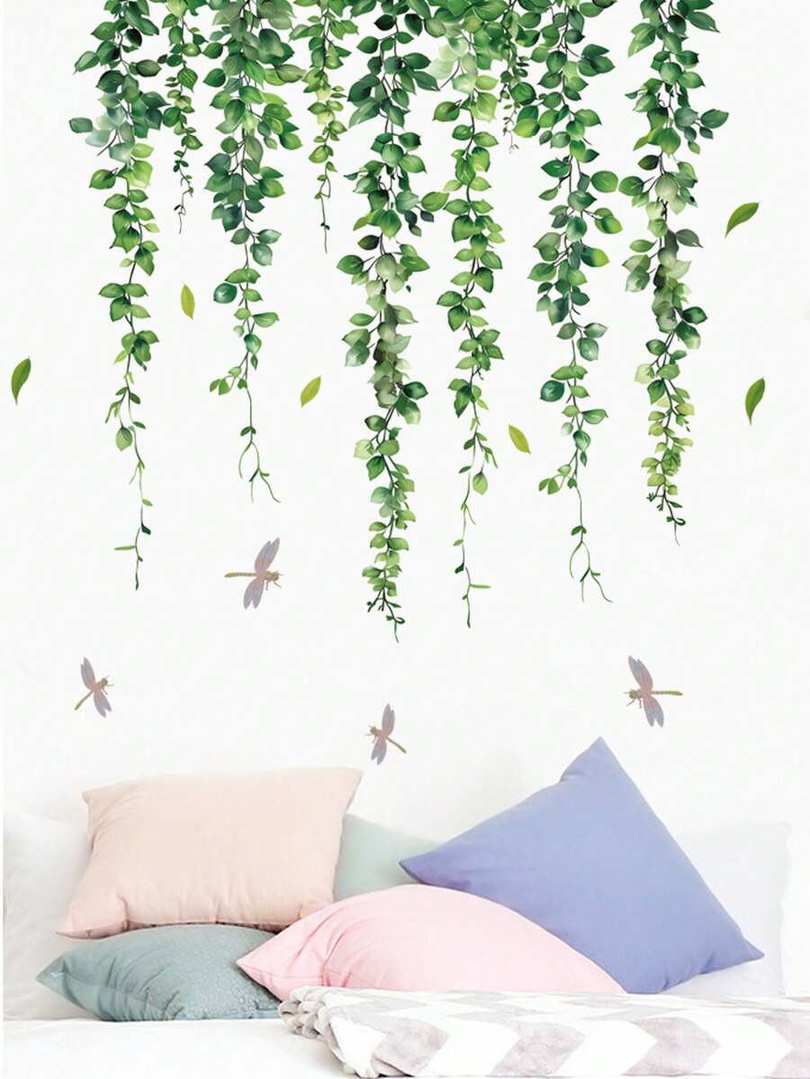 mama look 2pcs Green Plant Vine & Dragonfly Wall Decals, Decoration For