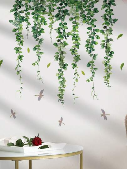 mama look 2pcs Green Plant Vine & Dragonfly Wall Decals, Decoration For Living Room/ Entrance/ Bedroom Self-Adhesive PVC Wall Stickers, Removable Vinyl Decal, For Bedroom Decor, Room Decor Items, For Halloween Decor, Fall Decor, Classroom Decorations, Removable Sticker, Stickers, Wall Decal, Vinyl Decal For Home Decorations, Spring Decoration Items Refresh Your Home, Festival Decoration Stickers Gifts Birthday Graduation