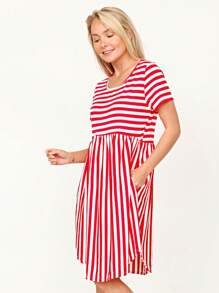 Vintage Boho Summer Fall Mustard Grey Red Blue Black Green Stripe Swing T Shirt Sleeve Southern Dress | Small-3 XL Plus - Đỏ - Xem 5
