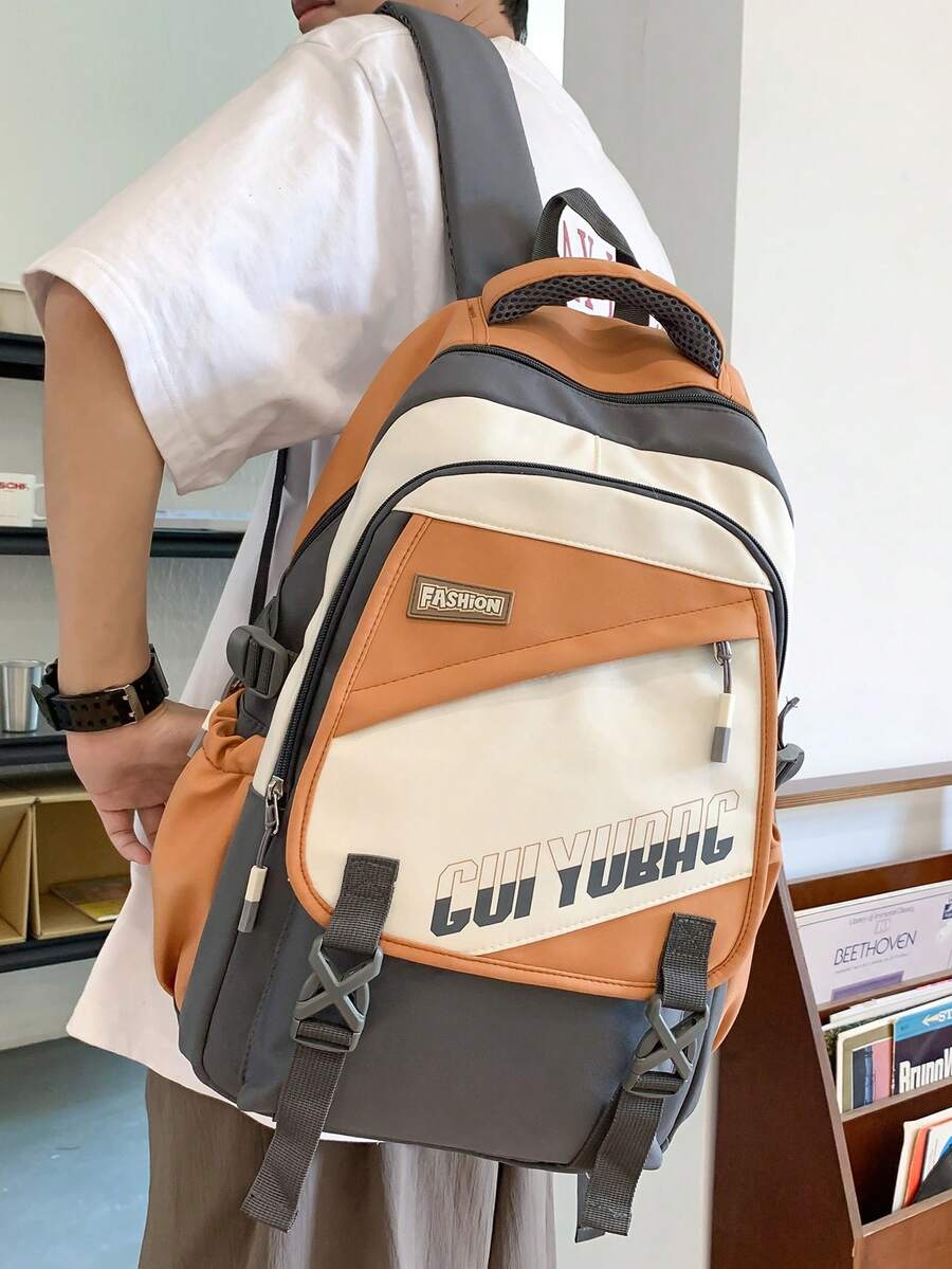 Large Capacity Student Backpack With Color Block Design, Suitable For Outdoor Travel, Middle And High School Students' Campus Backpack. Great Gift For Men. School Backpack Back To School Commute Book Bag School Bag - Grey - View 1