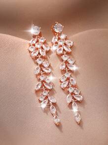 Frunză strălucitoare cercei lungi cu clipă pentru urechi 2 buc femei din zirconiu cubic Cercei cu picătură fără străpunsuri, placate cu aur roz, nuntă, bijuterii, petrecere, aniversare, logodnă, cadou de zi de naștere pentru iubita soție BBF