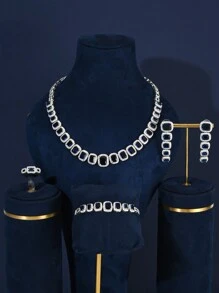 豪華珠寶紅藍綠微鑲正方形立方氧化鋯套裝,包括項鍊、耳環、手鍊和戒指,4件套,新娘派對珠寶套裝,婚禮禮物 - 石榴紅方形 - 查看 6