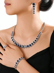 豪華珠寶紅藍綠微鑲正方形立方氧化鋯套裝,包括項鍊、耳環、手鍊和戒指,4件套,新娘派對珠寶套裝,婚禮禮物 - 石榴紅方形 - 查看 7