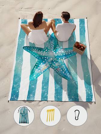 1pc 185*235CM Starfish & Striped Printed Waterproof Beach Blanket, Large Size, Lightweight & Durable For Beach, Vacation, Outdoor Picnic, Camping Summer Travel, Vacation Holiday Bathroom Decor Beach Essentials