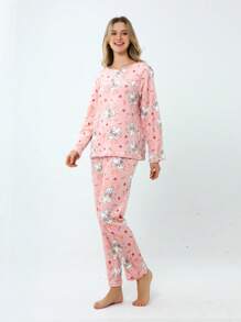2Pcs Pajamas Sets Women's Thermal Clothing Top And Pants Women's Fleece Pajamas - Pink - View 6