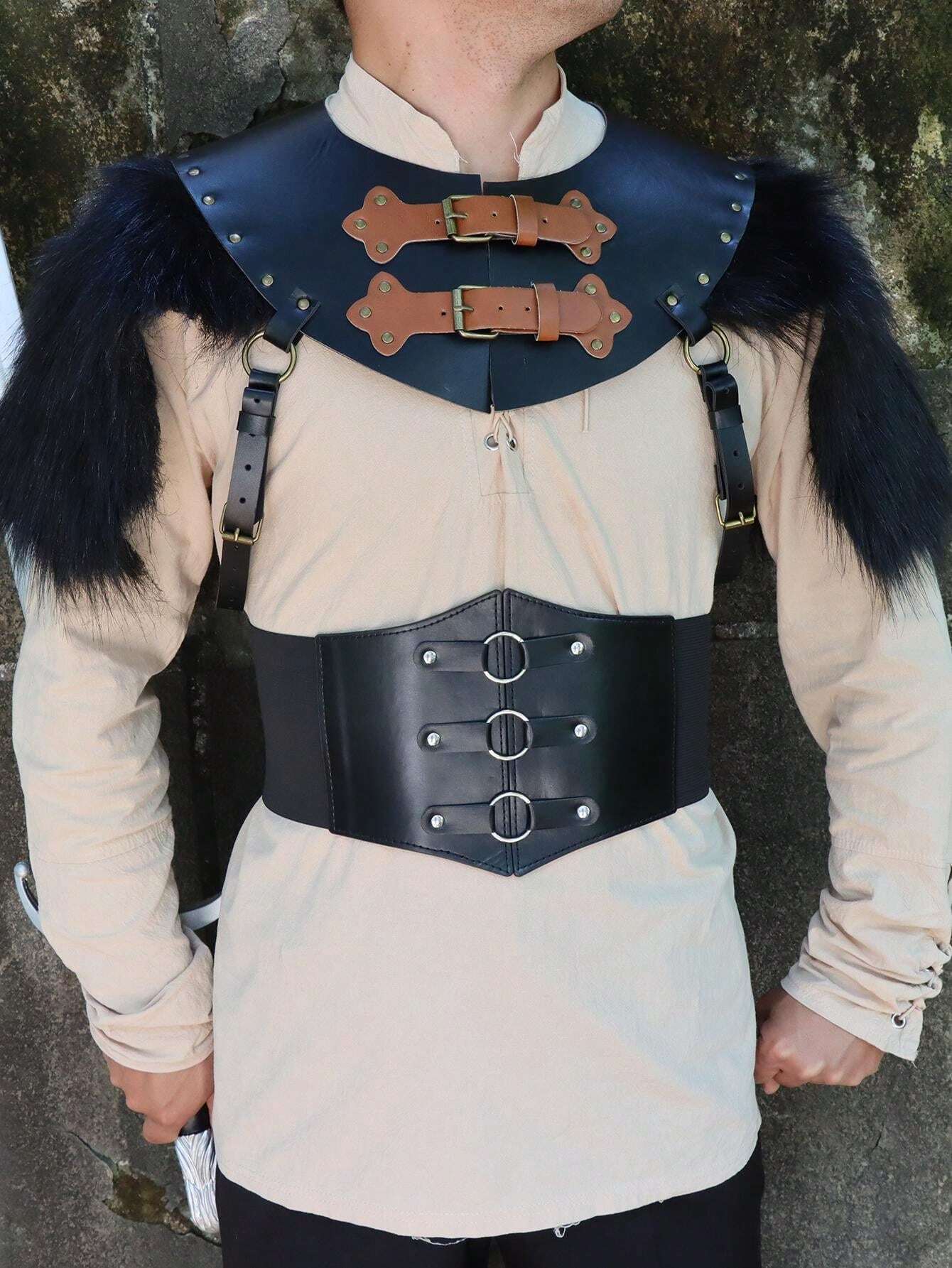 Knight Shein Medieval Knight Fur Shoulder Guards With Wide Belt, Renaissance Style ...