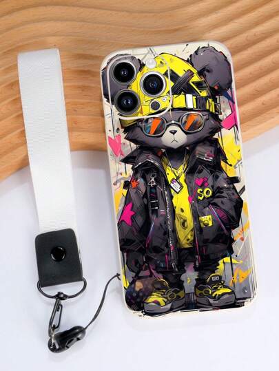 1个白色TPU街头涂鸦熊图案防震手机壳和1条白色挂绳，兼容苹果/安卓手机壳，适用于13/13 Pro/13 Pro Max/16 Pro Max/17 Pro Max/15