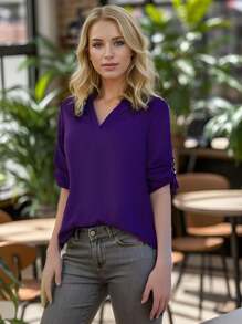 Women's V-Neck Long Sleeve Adjustable 3/4 Sleeve Casual Women's Pullover - 紫色 - 查看 3