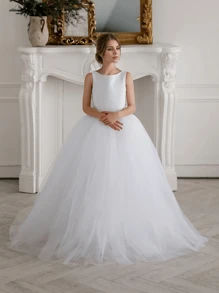 Teen Girl White Tulle Party Dress, Suitable For Middle And Birthday Performance Or Gathering