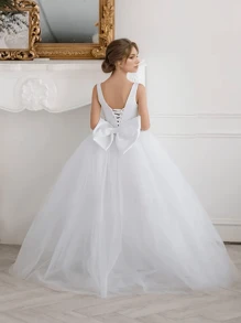 Teen Girl White Tulle Party Dress, Suitable For Middle And Birthday Performance Or Gathering