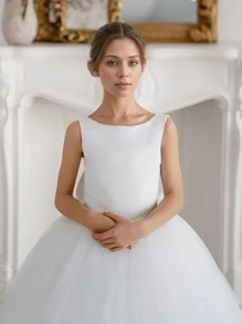Teen Girl White Tulle Party Dress, Suitable For Middle And Birthday Performance Or Gathering