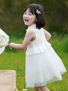 Annil 女童立领无袖连衣裙 夏季款式儿童网眼连衣裙 - 白色 - 查看 1