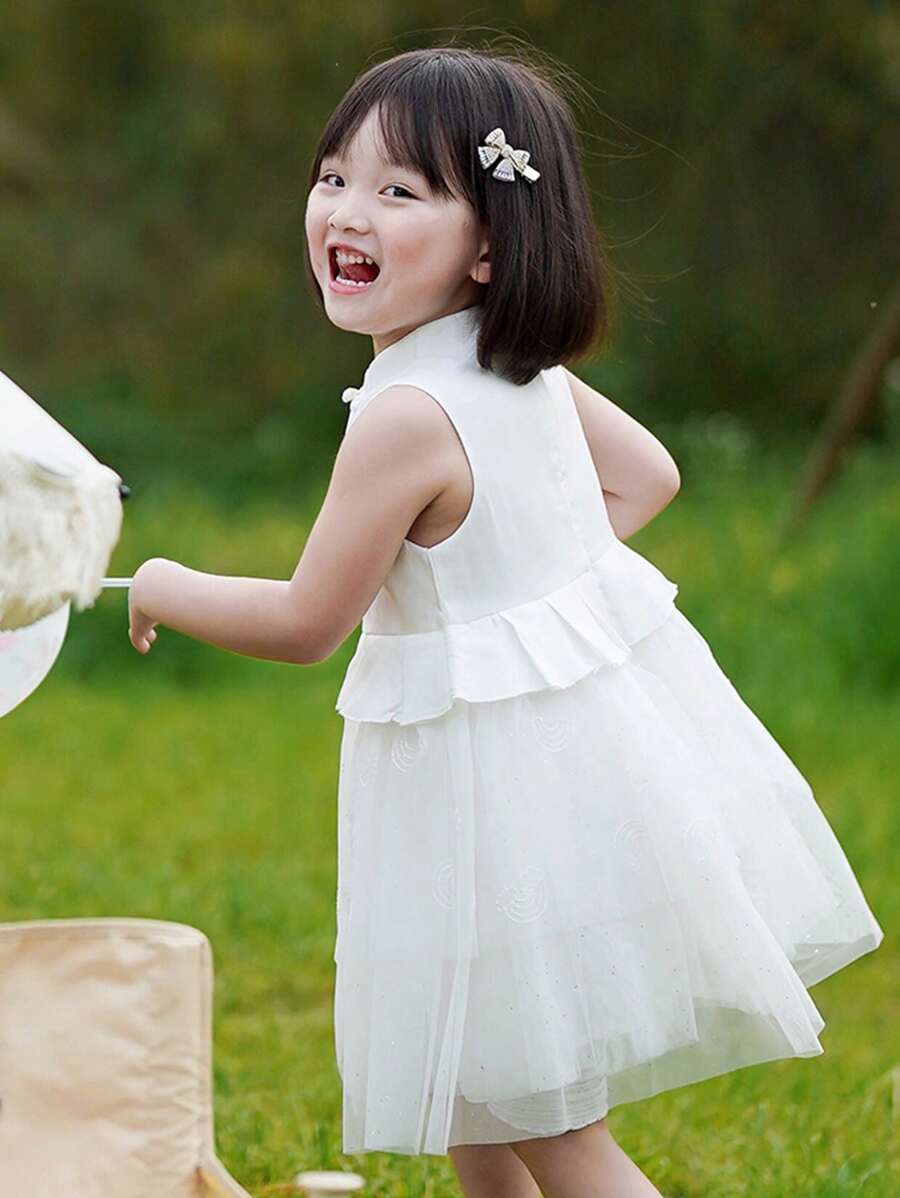 Annil 女童立领无袖连衣裙 夏季款式儿童网眼连衣裙 - 白色 - 查看 1