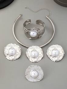 2024新款欧美时尚优雅复古金属质感项链耳环戒指手链套装，1件/1套，夸张个性网红街头风拍摄领项链通勤高级感合金创意夸张金属优雅几何项链首饰女款 - 首飾套裝 - 查看 11