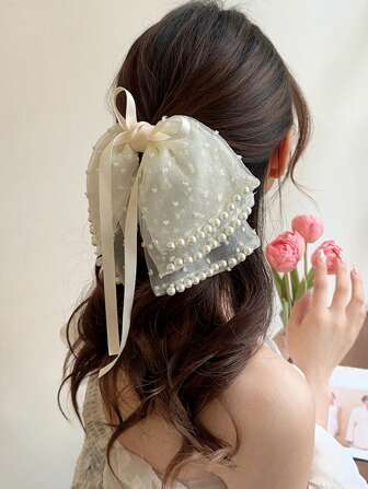 1 件仿珍珠装饰网状丝带多层蝴蝶结发夹，优雅大方的女士发夹，适合日常佩戴、休闲、派对和其他场合情人节情人节发夹爪夹发夹发夹发夹发夹发夹秋冬发饰女士度假装女士