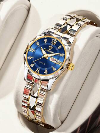  BINBOND Luxury Gold Quartz Watch Women's Fashion Women's Watch Waterproof Night Light Stainless Steel Business Leisure Dual Calendar Women's Watch