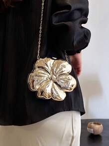Luxury Shiny ABS Material Flower Shaped Mini Clutch Handbag Buckle Metal Bead Chain Shoulder Bag Women Party Charming Gift, Suitable For Dating, Shopping, Going Out, Commuting, Daily Matching, Fashion Niche Design, Women Bag