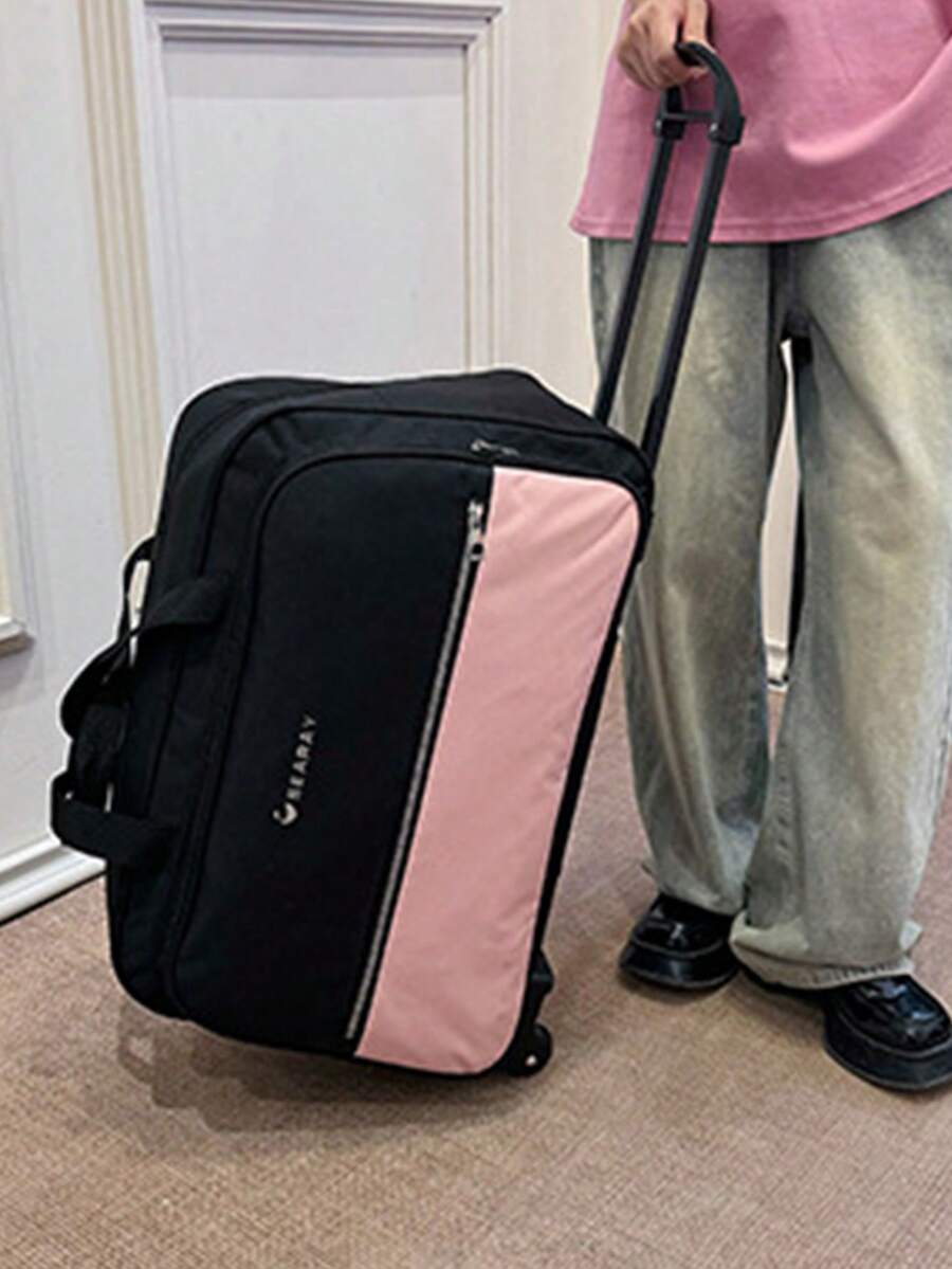 1入組簡約時尚防水拉桿袋軟袋，男女旅行手提行李箱帶輪拉桿旅行包，可收納折疊大容量登機行李袋 - 粉色 - 查看 1