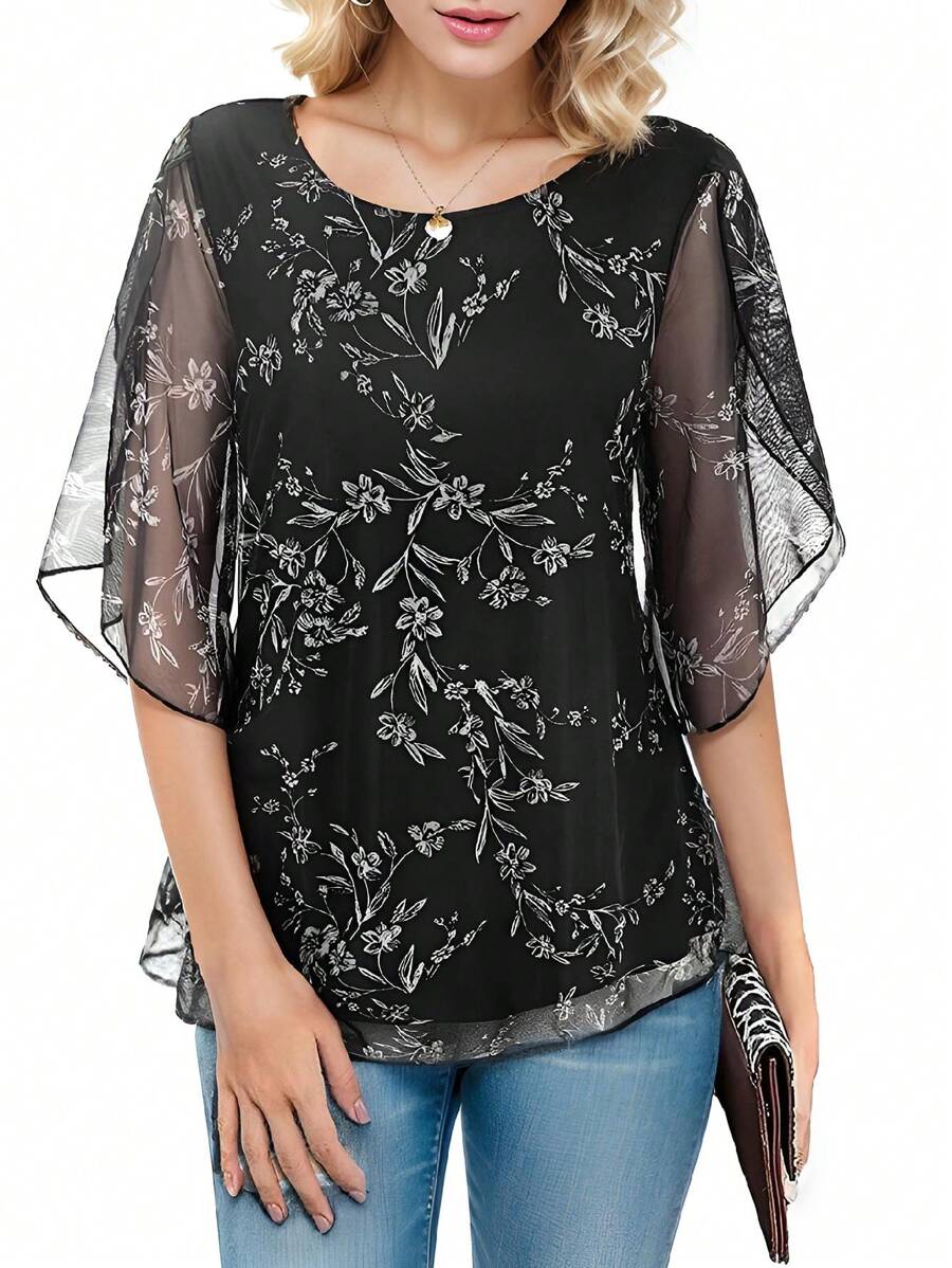 Women's Round Neck 30% Slit Lotus Sleeve Elastic Mesh Printed Loose Top - màu đen - Xem 1