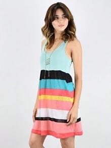 Boho Vintage Chevron Stripe Pink Yellow Navy Sleeveless Mini Poolside Cover Up Dress Small To 3 XL Plus - Màu xanh Bạc hà - Xem 1