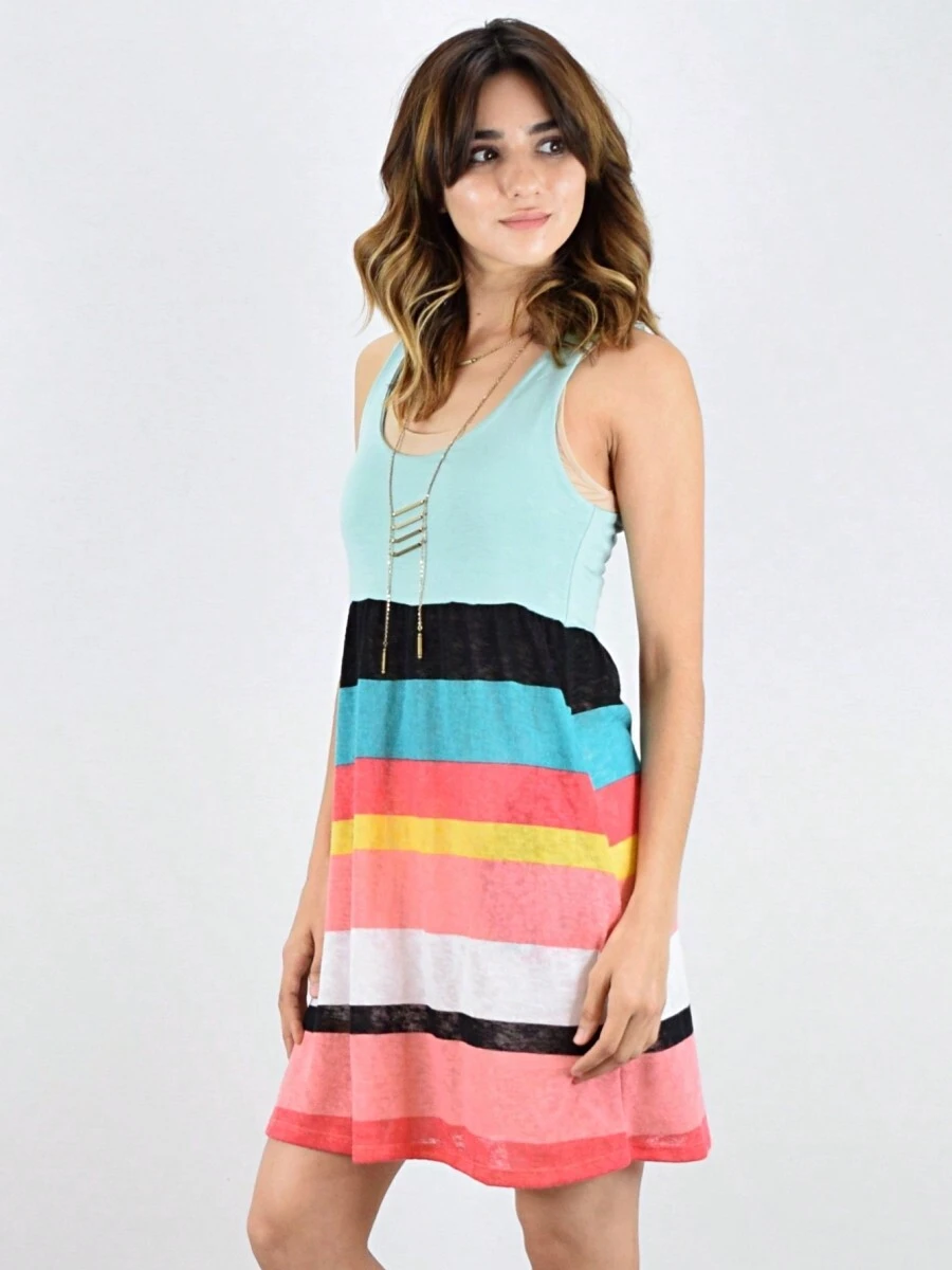 Boho Vintage Chevron Stripe Pink Yellow Navy Sleeveless Mini Poolside Cover Up Dress Small To 3 XL Plus - Màu xanh Bạc hà - Xem 1