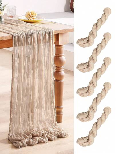 5件套米色褶皱桌旗，米色桌布，生日派对用品，生日礼物，生日小饰品，浅棕色薄纱面料，适用于婚礼、派对餐桌中心装饰、宴会装饰、婚礼回礼、桌布，纯色农舍风婚礼桌旗