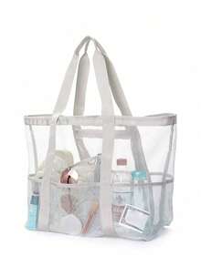 1 pieza bolsa de playa de malla grande, bolsa de lona de playa impermeable tipo organizador multifunción con cierre de cremallera, bolsa impermeable en el interior, bolsa de lona grande y práctica plegable de malla liviana para la familia, ideal para llevar juguetes y accesorios de verano para las vacaciones - Multicolor - Ver 4