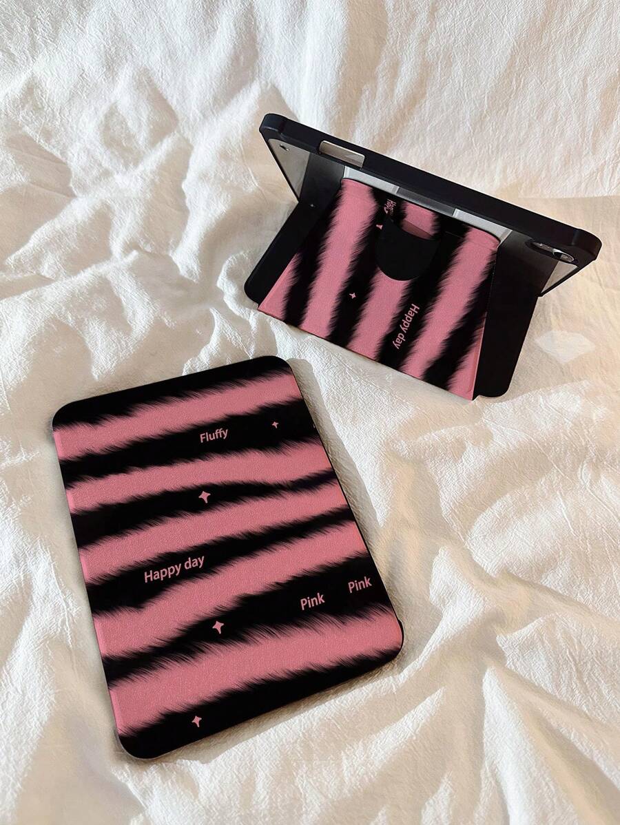 1 件时尚黑色和粉色条纹字母双面印刷 720 度可旋转亚克力水晶透明防摔平板电脑保护壳带笔槽，兼容华为、iPad、小米