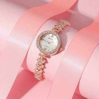 1入新款玫瑰金圓面鑽石石英手錶，休閒女式時尚手錶，學校、婚禮、禮物等最佳選擇
