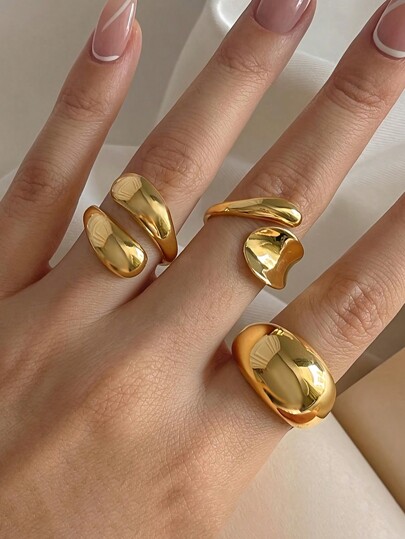 17KM 3pcs Fashionable Simple Elegant Exquisite Retro Wide Metal Style Statement Rings Set, Asymmetrical Design, Great For Holidays, Parties, And Everyday Wear, Perfect Gift For Dating And Daily Use