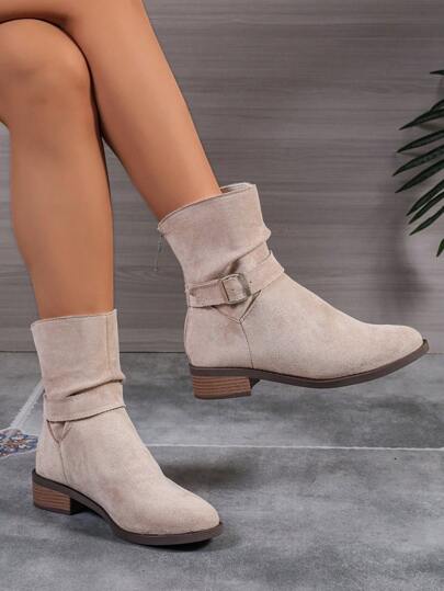 Women's New Flat Mid-Calf Vintage Round Toe Knight Boots Flat Chunky Heel Casual Comfortable Versatile Mid-Calf Boots