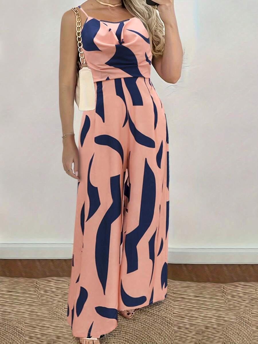 Damski kombinezon z szerokimi nogawkami i drapowanym dekoltem w geometryczne wzory, bez rękawów, lato