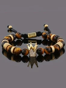 1 件男士魅力复古虎眼石和微镶嵌方晶锆石皇冠装饰可调节编织手链，休闲商务风格，是送给父亲或情侣在节日表达欣赏和爱意的理想礼物 - 虎眼石手串 - 查看 5