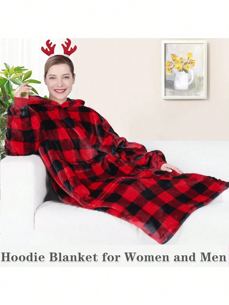 Waitu Wearable Blanket Hoodie Sweatshirt Gifts For Adult And Child, Warm And Cozy Giant Hoodie Blanket For Women And Men, Flannel Blanket With Sleeves - Red And Black Plaid - Kẻ sọc đỏ và đen - Xem 1
